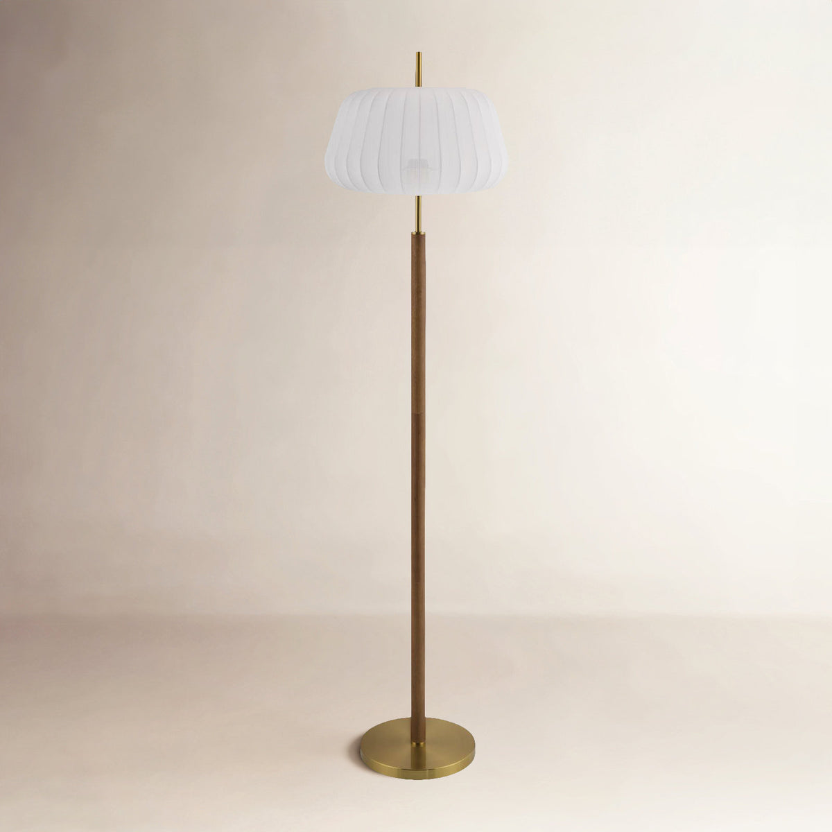 Floor Lamp, 61 in Tall with Matte Brass Base and White Cotton Shade