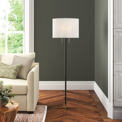 Floor Lamp, 62 in, Black and Gold Metal with White Linen Drum Shade