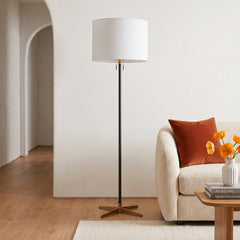 Floor Lamp, 62 in, Black and Gold Metal with White Linen Drum Shade