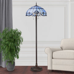 Floor Lamp, 64 in H, Blue Stained Glass Shade with Bronzed Base