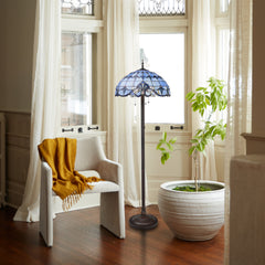 Floor Lamp, 64 in H, Blue Stained Glass Shade with Bronzed Base