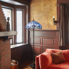 Floor Lamp, 64 in H, Blue Stained Glass Shade with Bronzed Base