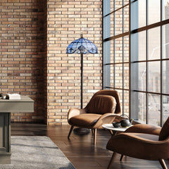 Floor Lamp, 64 in H, Blue Stained Glass Shade with Bronzed Base