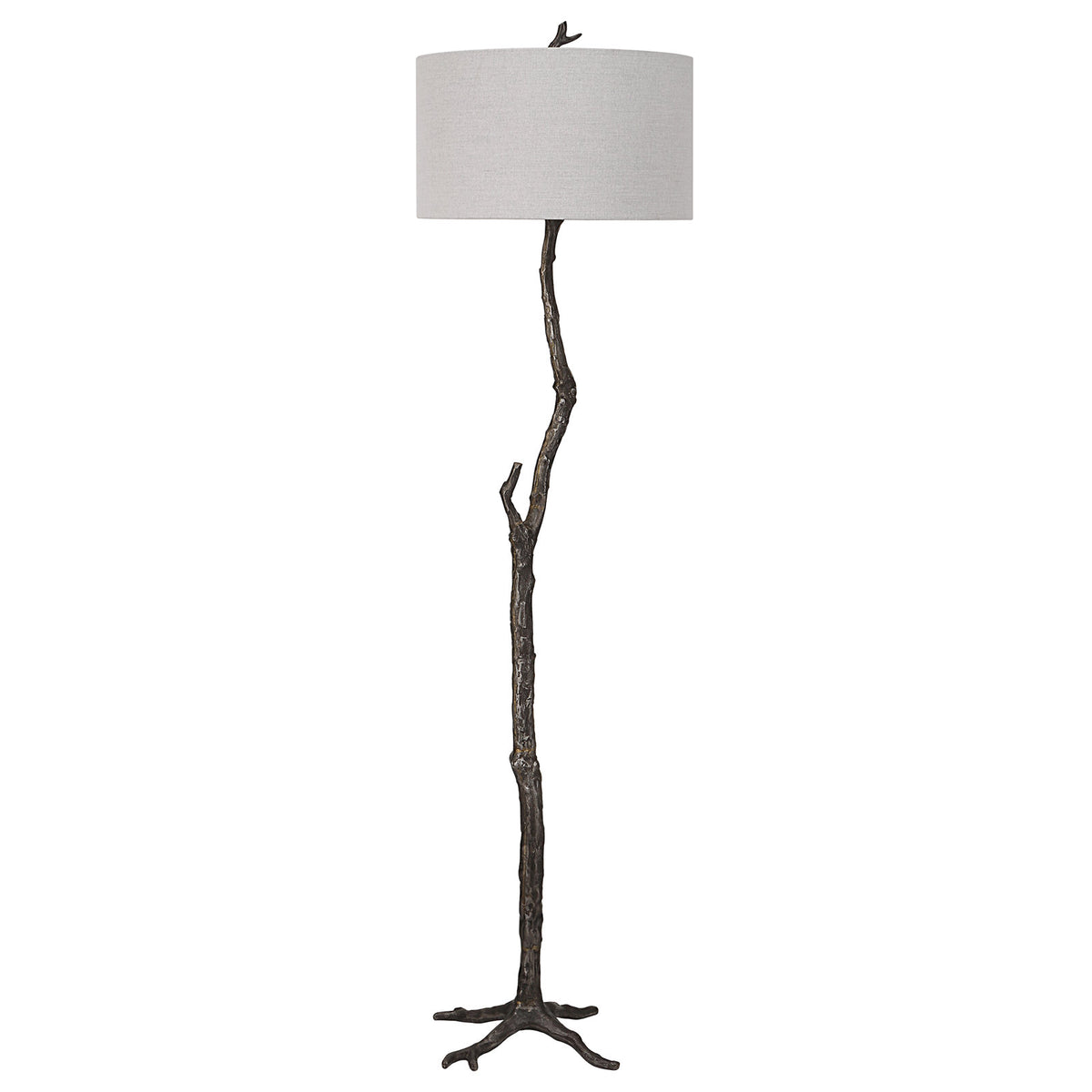 Floor Lamp, Black Cast Iron with Gray Linen Drum Shade