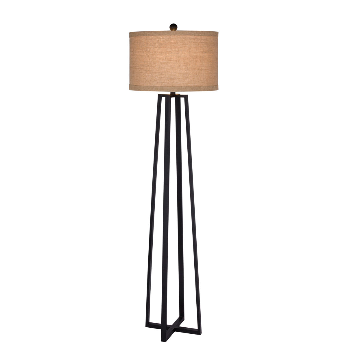 Floor Lamp, Black Metal with Beige Burlap Drum Shade
