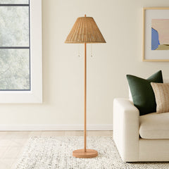 Floor Lamp, Brown Iron with Faux Rattan Shade