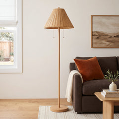 Floor Lamp, Brown Iron with Faux Rattan Shade