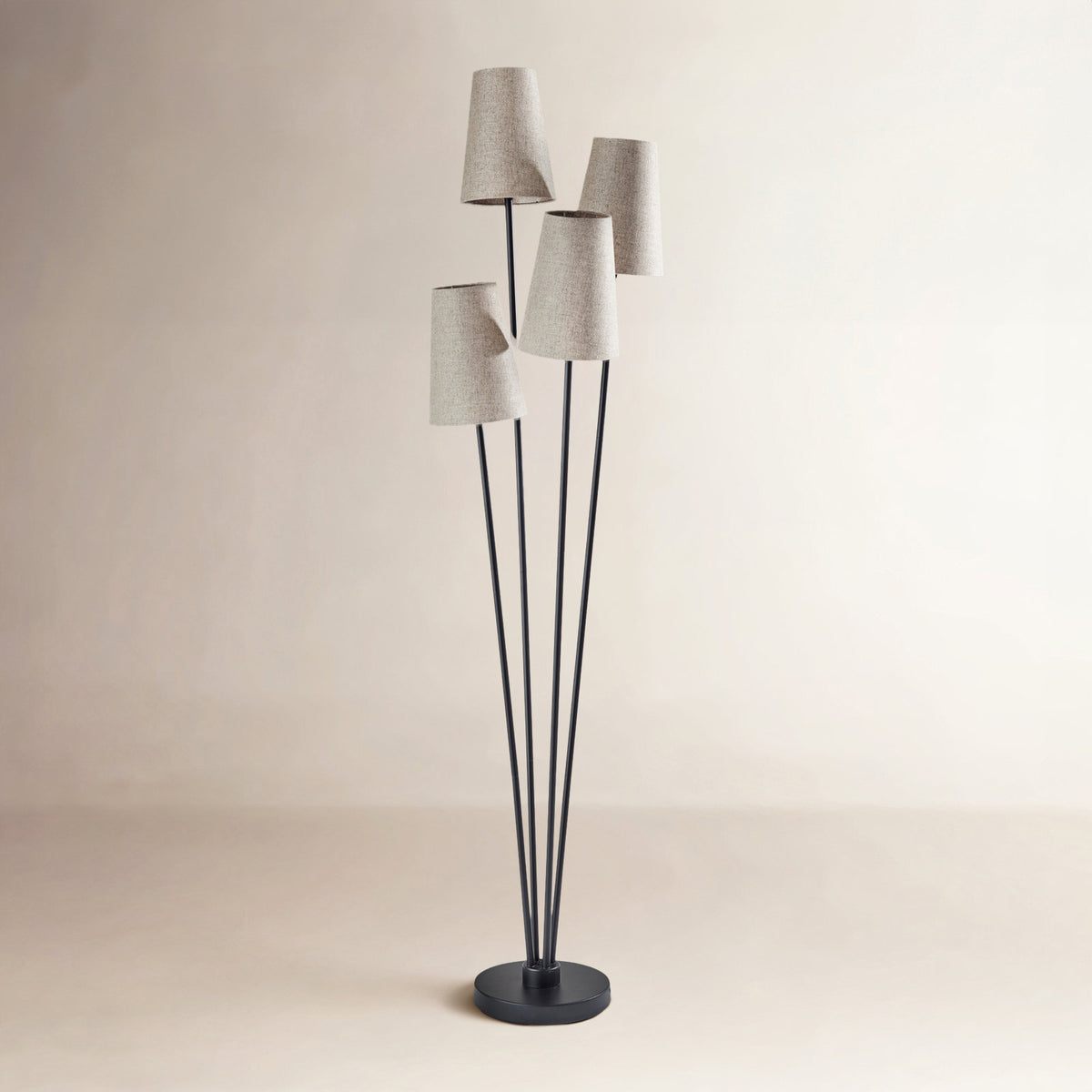 Floor Lamp, Four-Light, Black Metal with Linen Shades