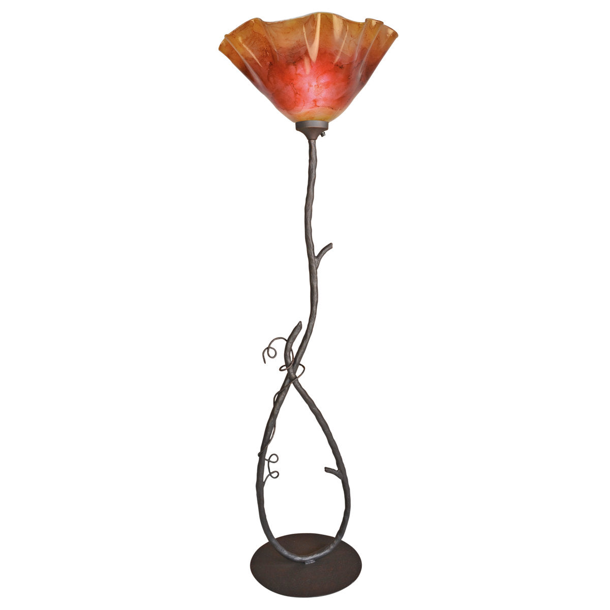 Floor Lamp in Iron with Orange Hand-Blown Glass Shade