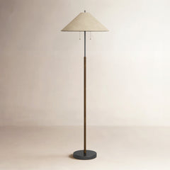 Floor Lamp in Solid Wood and Metal, Light Brown Shade with Walnut and Black Base