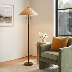 Floor Lamp in Solid Wood and Metal, Light Brown Shade with Walnut and Black Base