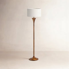 Floor Lamp in Solid Wood with Natural/Antique Brass Base and White Drum Shade