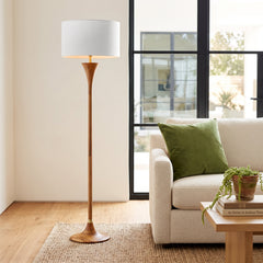 Floor Lamp in Solid Wood with Natural/Antique Brass Base and White Drum Shade