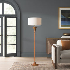 Floor Lamp in Solid Wood with Natural/Antique Brass Base and White Drum Shade