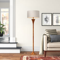 Floor Lamp in Solid Wood with Natural/Antique Brass Base and White Drum Shade