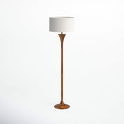 Floor Lamp in Solid Wood with Natural/Antique Brass Base and White Drum Shade