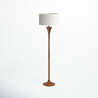 Floor Lamp in Solid Wood with Natural/Antique Brass Base and White Drum Shade