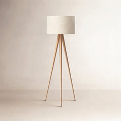 Floor Lamp, Natural Oak Veneer Base with Linen Drum Shade