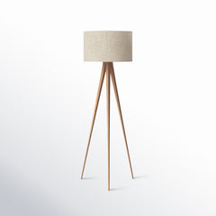 Floor Lamp, Natural Oak Veneer Base with Linen Drum Shade