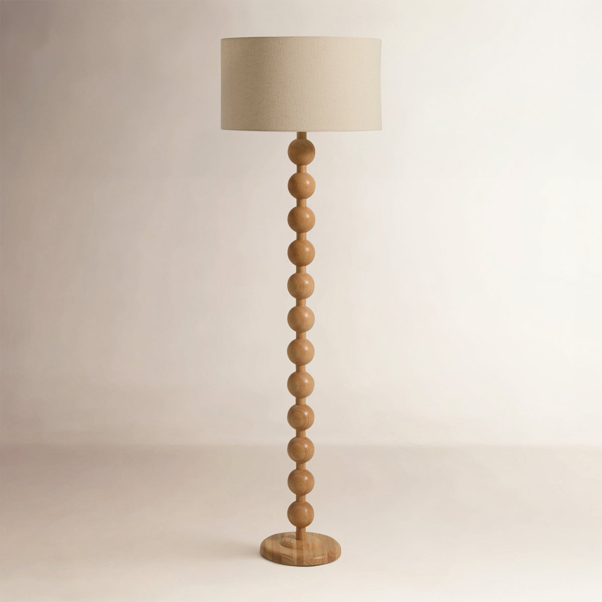 Floor Lamp, Solid Wood in Natural with Cream Linen Drum Shade