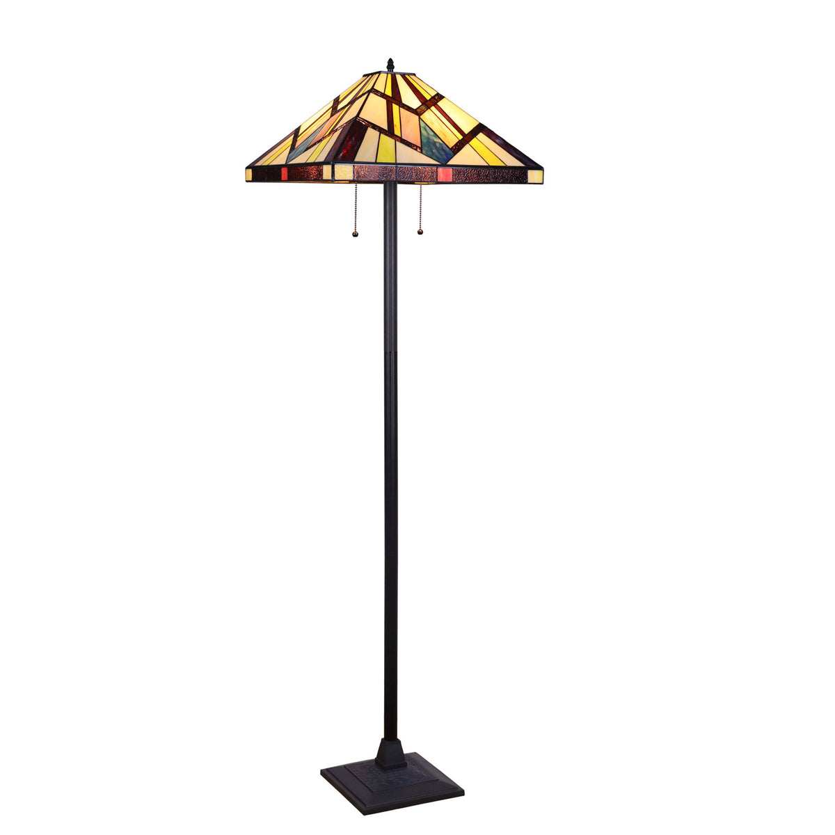 Floor Lamp, Stained Glass Shade in Orange, Brown and Yellow with Blackish Bronze Base