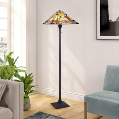 Floor Lamp, Stained Glass Shade with Blackish Bronze Base