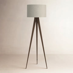 Floor Lamp, Tripod Base in Dark Brown Metal with Beige Linen Drum Shade