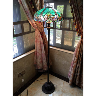 Floor Lamp with 2 Lights and Stained Glass Bowl Shade in Antique Bronze