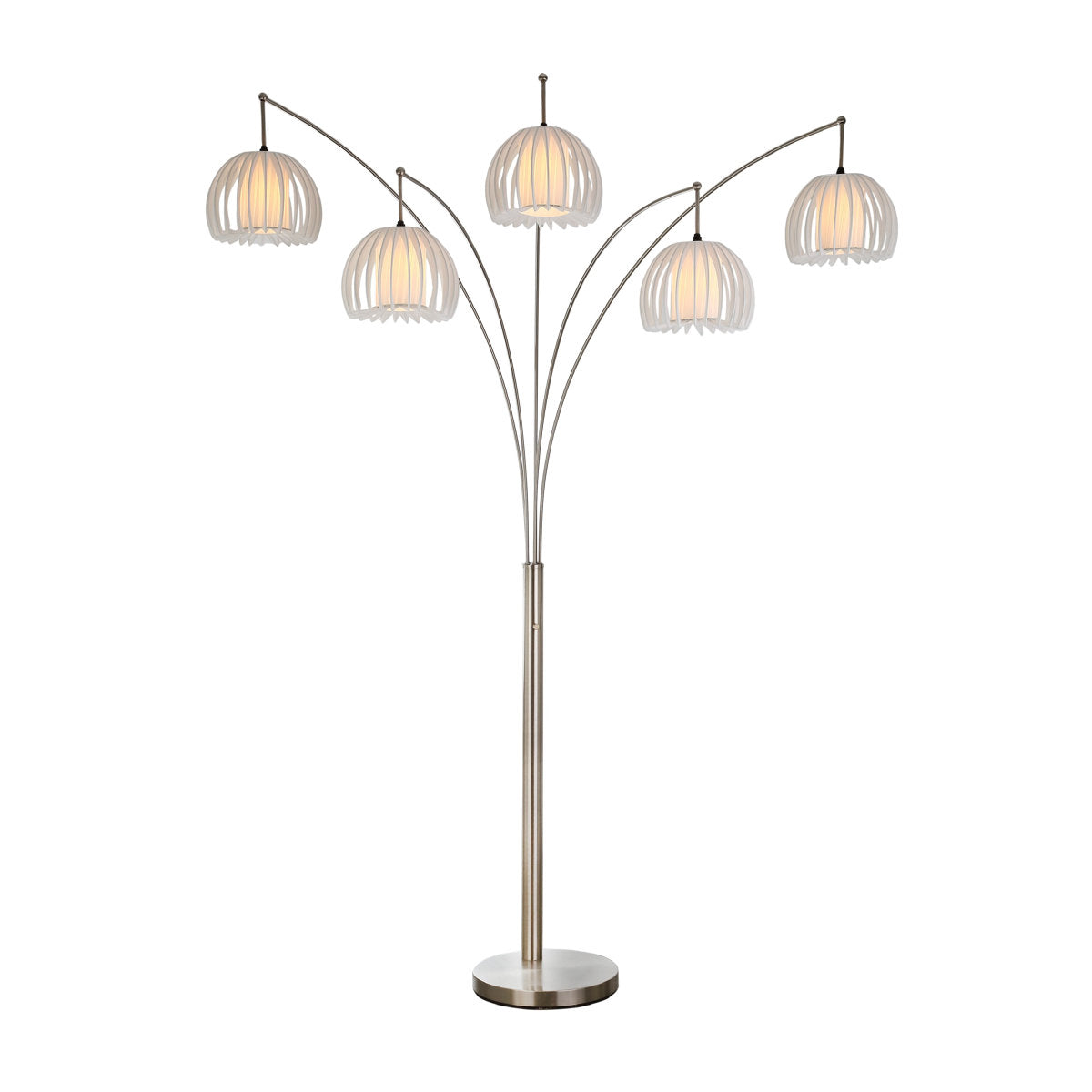 Floor Lamp with 5 Lights and White Shades in Brushed Steel