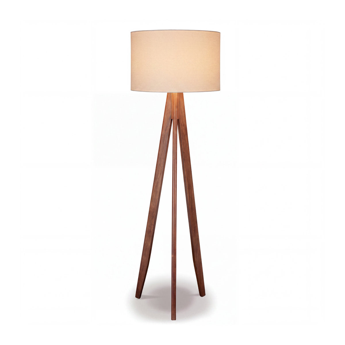 Floor Lamp with Brown Solid Wood Tripod Base and White Cotton Drum Shade