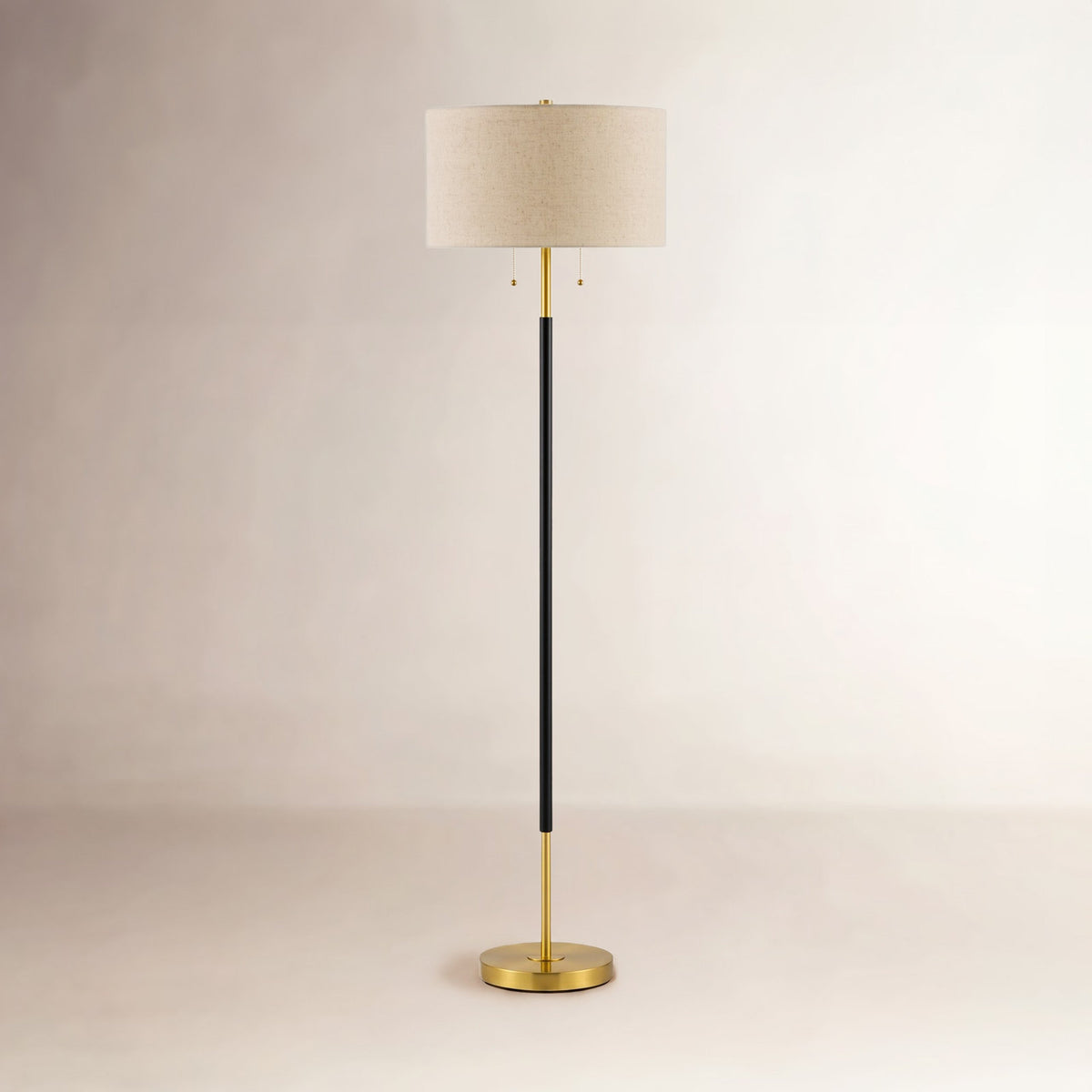 Floor Lamp with Cream Linen Shade in Black and Gold Metal