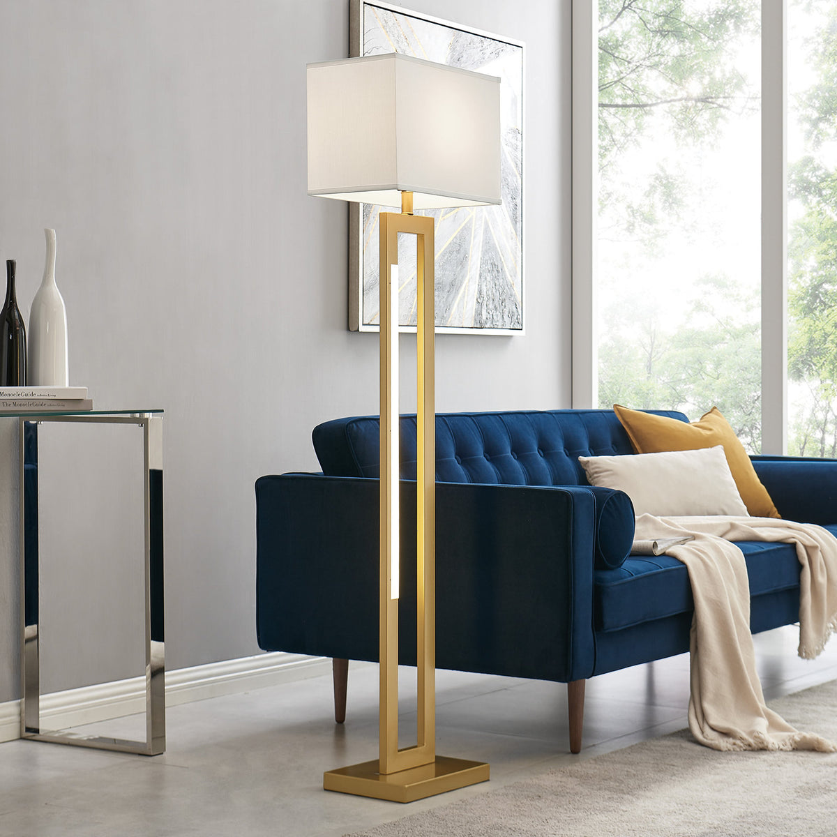 Floor Lamp with Nightlight, Soft Gold Metal and White Shade