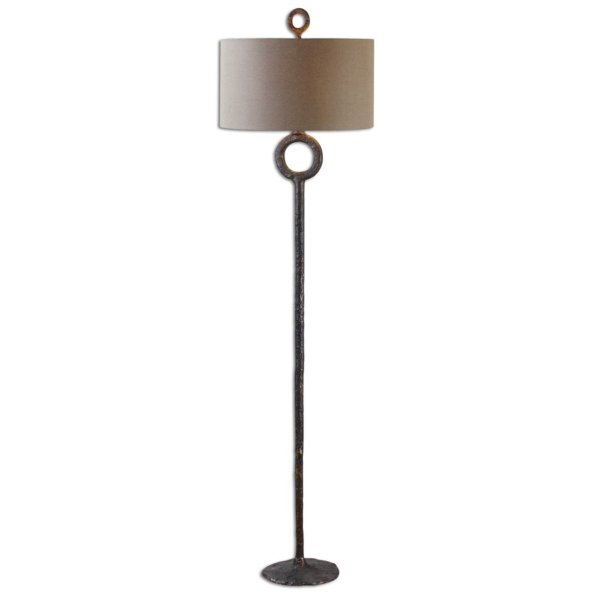 Floor Lamp with Round Drum Shade, Cast Iron in Hammered Rust Brown