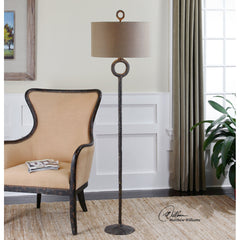 Floor Lamp with Round Drum Shade, Cast Iron in Hammered Rust Brown