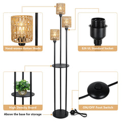 Floor Lamp with Shelves and Rattan Shade in Black