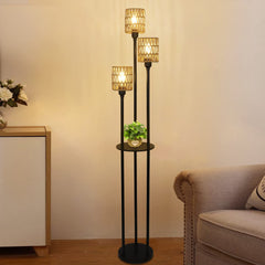 Floor Lamp with Shelves and Rattan Shade in Black