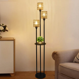 Floor Lamp with Shelves and Rattan Shade in Black