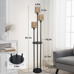 Floor Lamp with Shelves and Rattan Shade in Black