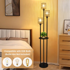 Floor Lamp with Shelves and Rattan Shade in Black