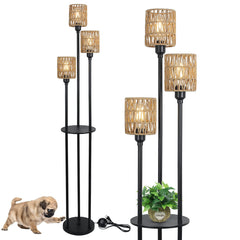 Floor Lamp with Shelves and Rattan Shade in Black