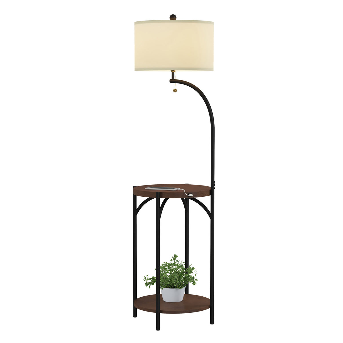 Floor Lamp With Side Table, Brown Top with Black Metal Legs