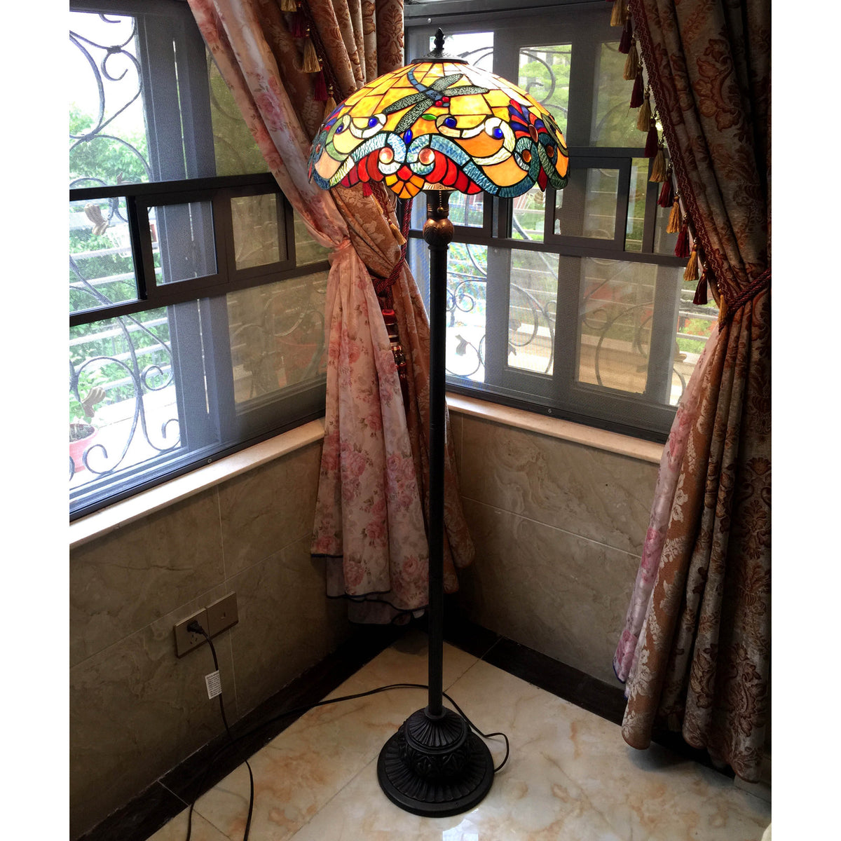 Floor Lamp with Stained Glass Dragonfly Shade in Antique Bronze