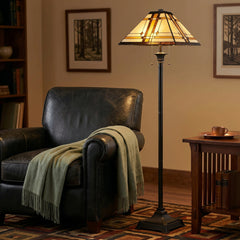 Floor Lamp with Stained Glass Shade in Beige and Black