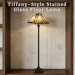 Floor Lamp with Stained Glass Shade in Beige and Black