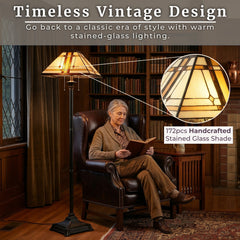 Floor Lamp with Stained Glass Shade in Beige and Black