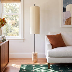 Floor Lamp with Travertine Stone Base and Cream Pleated Shade