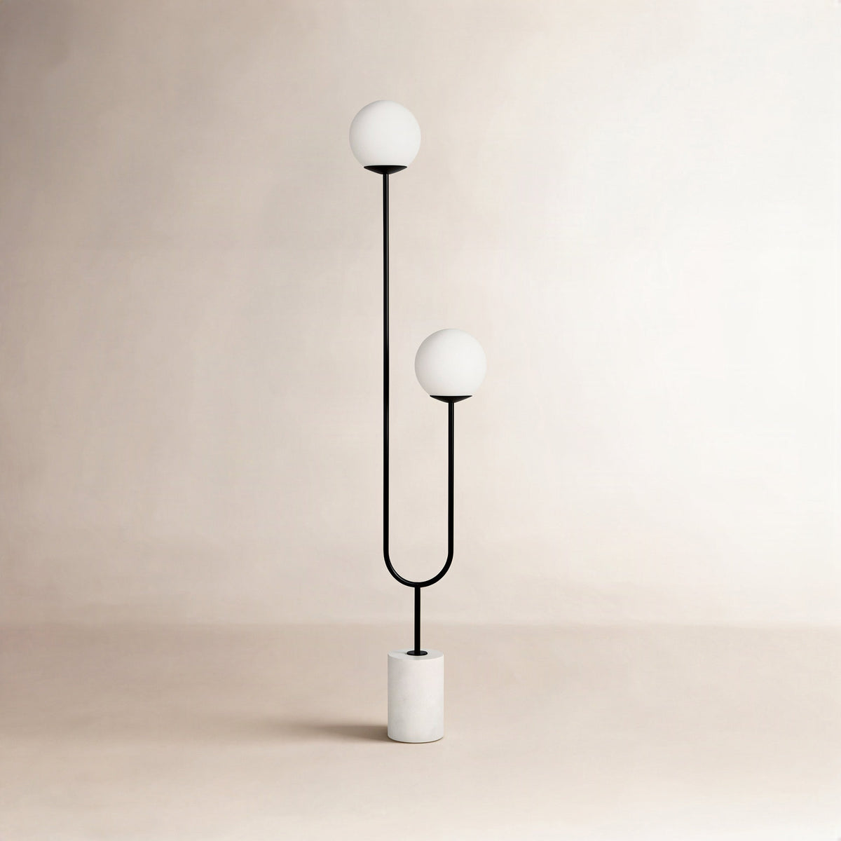 Floor Lamp with Two Globe Shades in Black Iron Frame