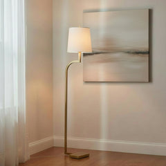 Floor Lamp with White Linen Drum Shade in Matte Antique Brass