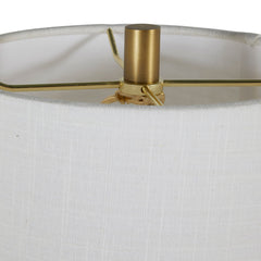Floor Lamp with White Linen Drum Shade in Matte Antique Brass