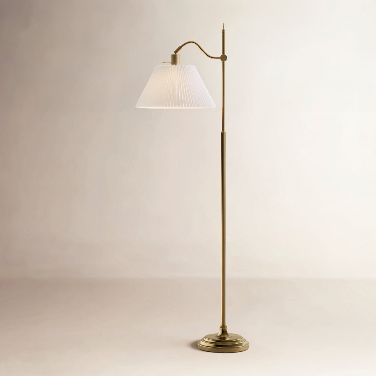 Floor Lamp with White Pleated Shade in Antique Brass